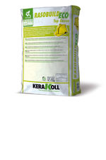 Mortero de acabado mineral eco‑compatible en base yeso, referencia Rasobuild Eco Top Gesso de Kerakoll. Blanco
